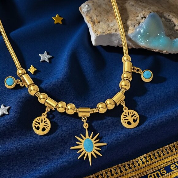 🆕18K Gold Plated Stainless Steel Turquoise Necklace Sun Tree Of Life Charms - Picture 13 of 13
